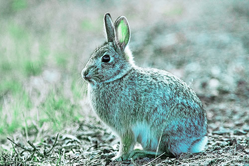 Sitting Bunny Rabbit Perched Beside Grass Blade (Cyan Tint Photo)