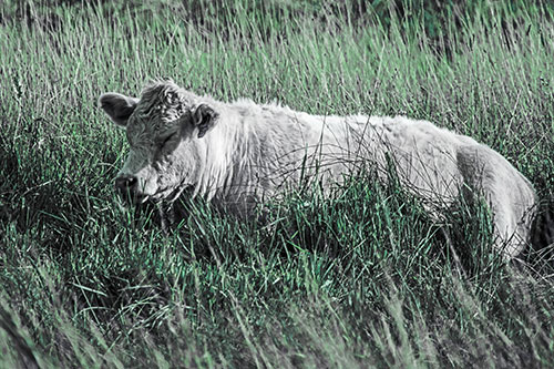 Sleeping Cow Resting Among Grass (Cyan Tint Photo)