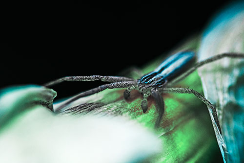 Slender Crab Spider Sprawled Out Among Plant (Cyan Tint)