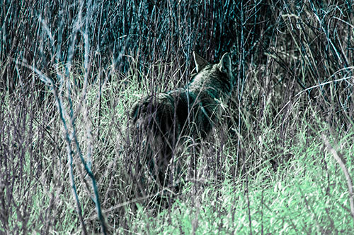 Sneaking Coyote Hunting Through Trees (Cyan Tint Photo)