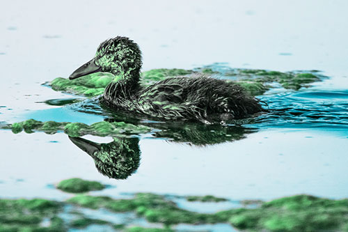 Soaked Mallard Duckling Swimming Past Algae (Cyan Tint)
