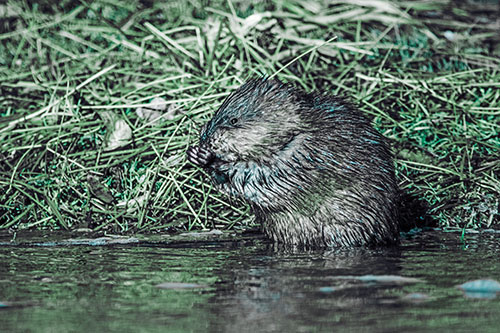 Soaked Muskrat Nibbles Grass Along River Shore (Cyan Tint Photo)