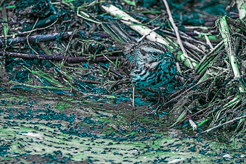 Song Sparrow Peeking Around Sticks (Cyan Tint Photo)