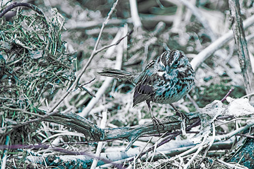 Song Sparrow Standing Atop Broken Branch (Cyan Tint Photo)
