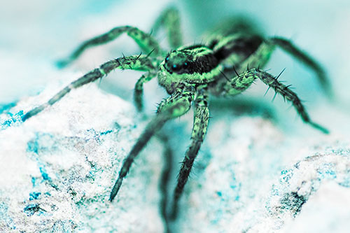Standing Wolf Spider Guarding Rock Top (Cyan Tint Photo)