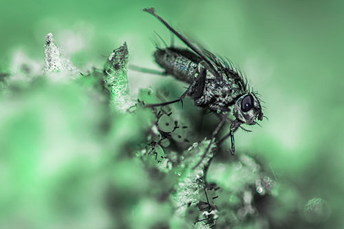 Tachinid Fly Terrorizing Aphids Among Milkweed Pod (Cyan Tint)