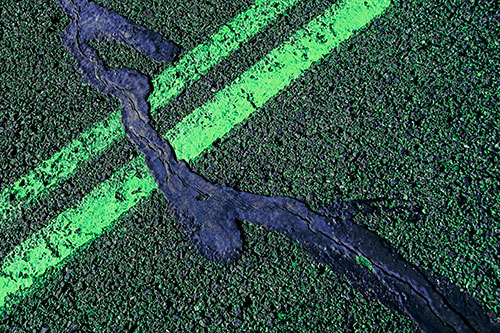 Tar Creeping Over Sidewalk Pavement Lane Marks (Cyan Tint Photo)