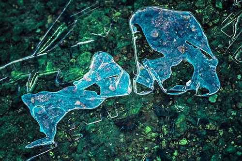 Translucent Frozen Big Eyed Alien Ice Bubble Figure Atop River (Cyan Tint Photo)