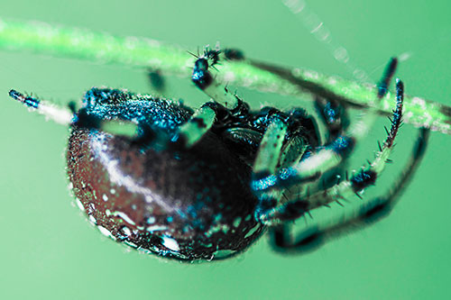 Upside Down Furrow Orb Weaver Spider Crawling Along Stem (Cyan Tint Photo)