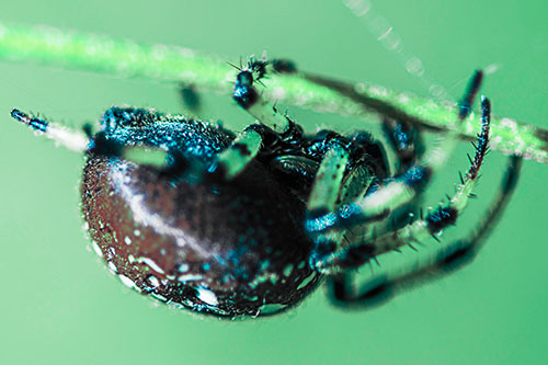 Upside Down Furrow Orb Weaver Spider Crawling Along Stem (Cyan Tint)