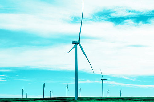 Wind Turbine Cluster Standing Tall Among Horizon (Cyan Tint)
