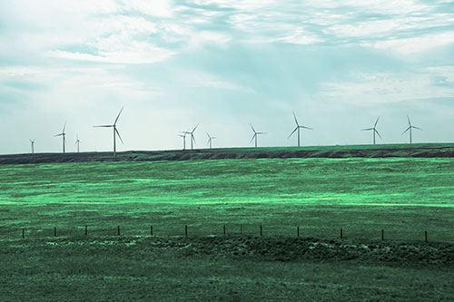 Wind Turbines Scattered Along Prairie Horizon (Cyan Tint)