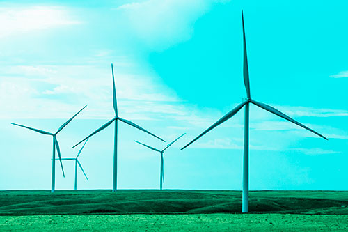 Wind Turbines Standing Tall On Green Pasture (Cyan Tint Photo)