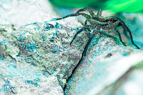 Wolf Spider Crawling Over Cracked Rock Crevice (Cyan Tint Photo)