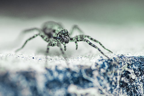 Wolf Spider Standing Along Rock Edge (Cyan Tint)