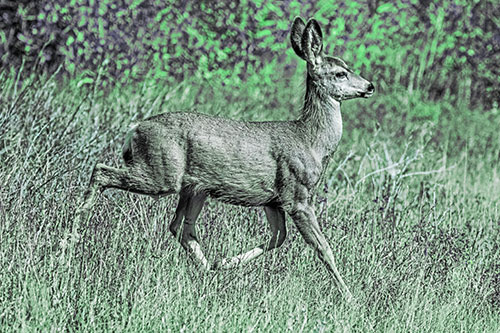 Young Mule Deer Galloping Across Grassland (Cyan Tint)