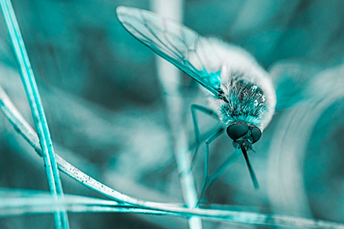 Bee Fly Balances Atop Dried Grass Blades (Cyan Tone)