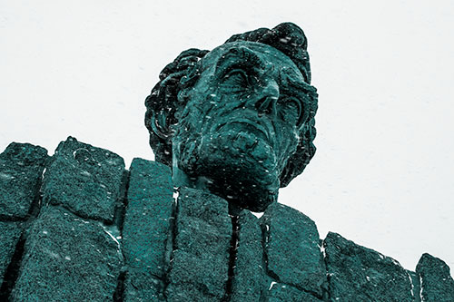 Blowing Snow Across Presidential Statue Head (Cyan Tone Photo)