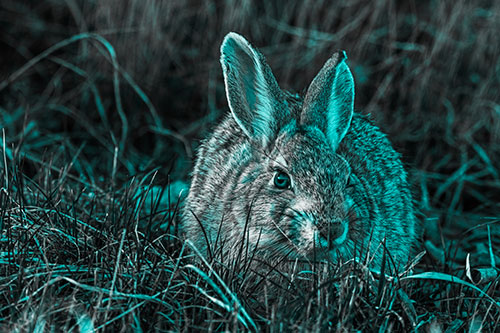 Bunny Rabbit Lying Down Among Grass (Cyan Tone Photo)