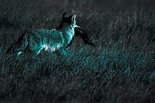Coyote Heads Towards Forest Carrying Dead Animal Carcass (Cyan Tone Photo)