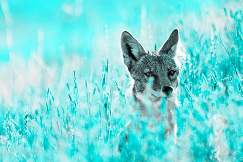 Coyote Peeking Head Above Feather Reed Grass (Cyan Tone Photo)