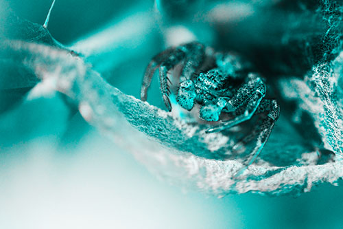 Crab Spider Cowers Among Leaf Petal (Cyan Tone)