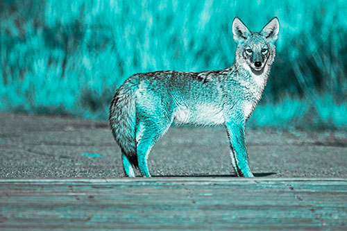 Crossing Coyote Glares Across Bridge Walkway (Cyan Tone Photo)