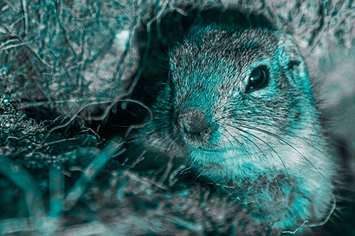 Curious Prairie Dog Watches From Dirt Tunnel Entrance (Cyan Tone Photo)