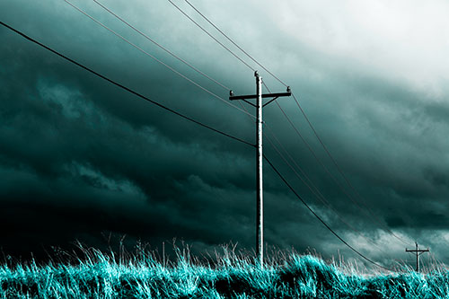 Dark Thunderstorm Clouds Over Powerline (Cyan Tone Photo)