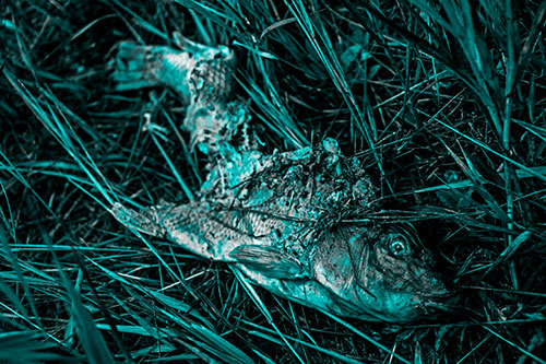 Decaying Salmon Fish Rotting Among Grass (Cyan Tone Photo)