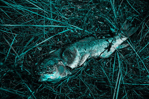 Deceased Salmon Fish Rotting Among Grass (Cyan Tone Photo)