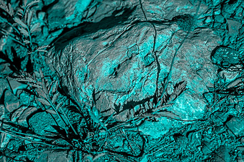 Demonic Leaf Mouthed Rock Face Snarling Among Dirt (Cyan Tone)