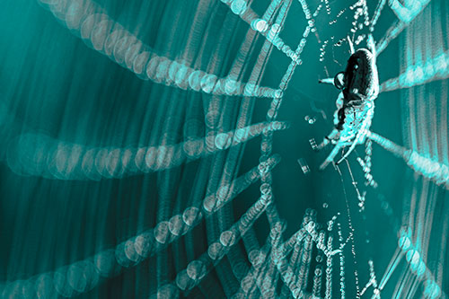 Dewy Orb Weaver Spider Hangs Among Web (Cyan Tone Photo)