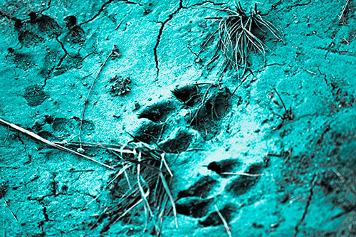 Dog Footprints On Dry Cracked Mud (Cyan Tone Photo)