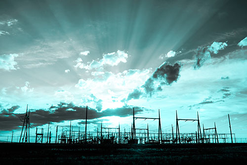 Electrical Substation Sunset Bursting Through Clouds (Cyan Tone Photo)