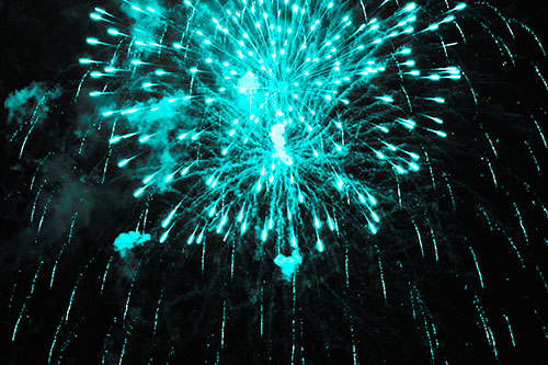 Fireworks Explosion Lights Night Sky Ablaze (Cyan Tone Photo)