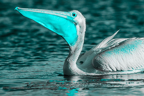 Floating Pelican Swallows Fishy Dinner (Cyan Tone Photo)