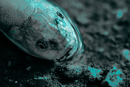 Fly Grooming Atop Dead Freshwater Whitefish Eyeball (Cyan Tone Photo)