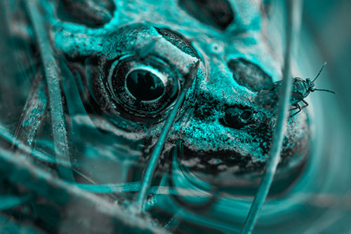 Fly Standing Atop Leopard Frogs Nose (Cyan Tone)