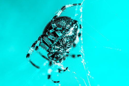 Furrow Orb Weaver Spider Descends Down Web (Cyan Tone)