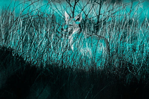 Gazing Coyote Watches Among Feather Reed Grass (Cyan Tone Photo)