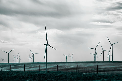 Gloomy Clouds Overcast Wind Turbine Pasture (Cyan Tone)