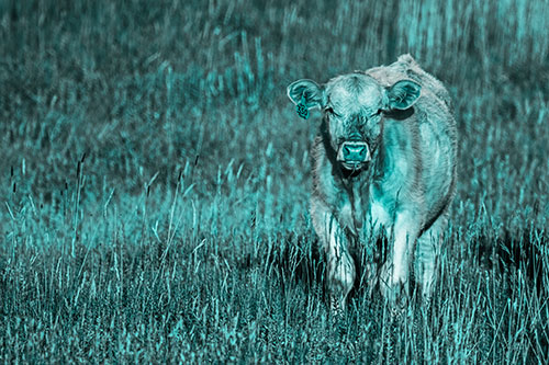 Grass Chewing Cow Spots Intruder (Cyan Tone Photo)