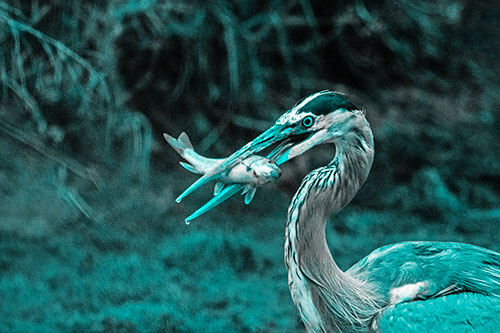 Great Blue Heron Clamps Trout Fish Between Beak (Cyan Tone)