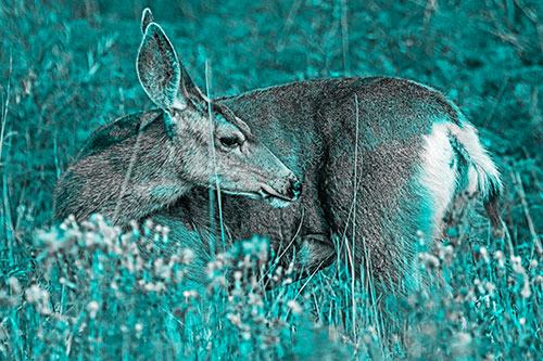 Grooming Mule Deer Bending Backwards Among Vegetation (Cyan Tone)