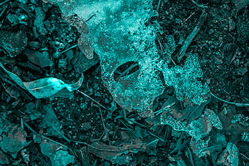 Half Melted Ice Face Atop Dead Leaves (Cyan Tone Photo)