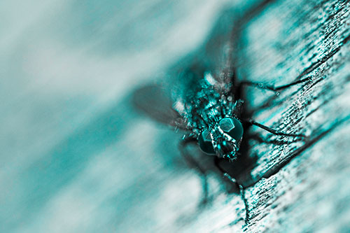 Happy Cluster Fly Enjoys Getting Suntan Among Cracked Wood (Cyan Tone)