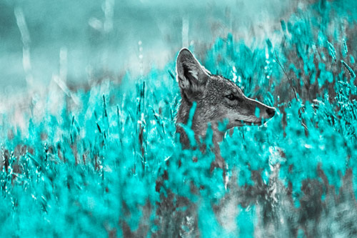 Hidden Coyote Watching Among Feather Reed Grass (Cyan Tone Photo)