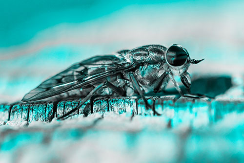Horse Fly Resting Among Cracked Wood (Cyan Tone)