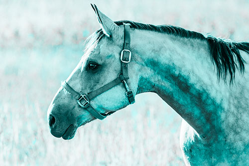 Horse Wearing Bridle Among Sunshine (Cyan Tone)